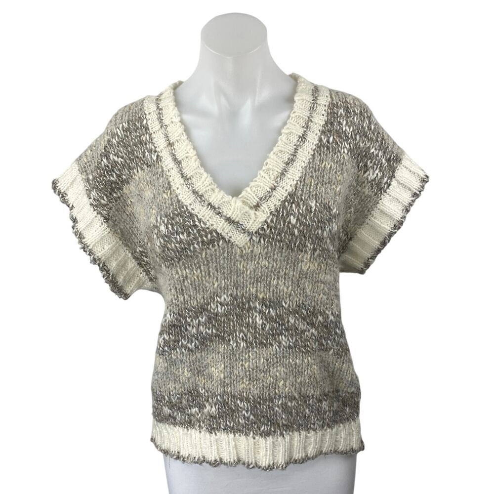 CG Career Guild Womens Gray Tan Wool Knit Short Sleeve V-Neck Sweater Vest Top L